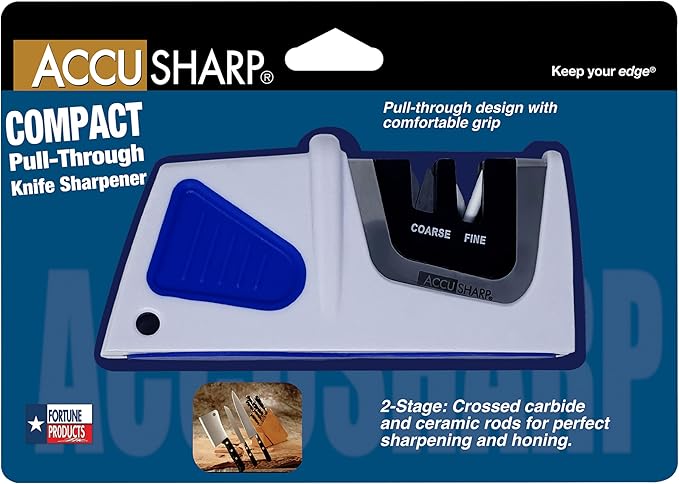 AccuSharp Compact Pull-Through 2-Stage Knife Sharpener, Repairs & Restores Kitchen Knives, Hunting Knives, Straight or Serrated Blades, Diamond-Honed Tungsten Carbide, Fine Ceramic Rods, White/Blue