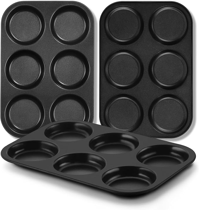 far Muffin Top Pan Set of 3, Nonstick 6-Cavity Shallow Cupcake Pan for Baking Whoopie Pie, Yorkshire Pudding, Eggs, Cornbread, Drop Cookies, Easy Release & Clean, 3-Inch Standard Size