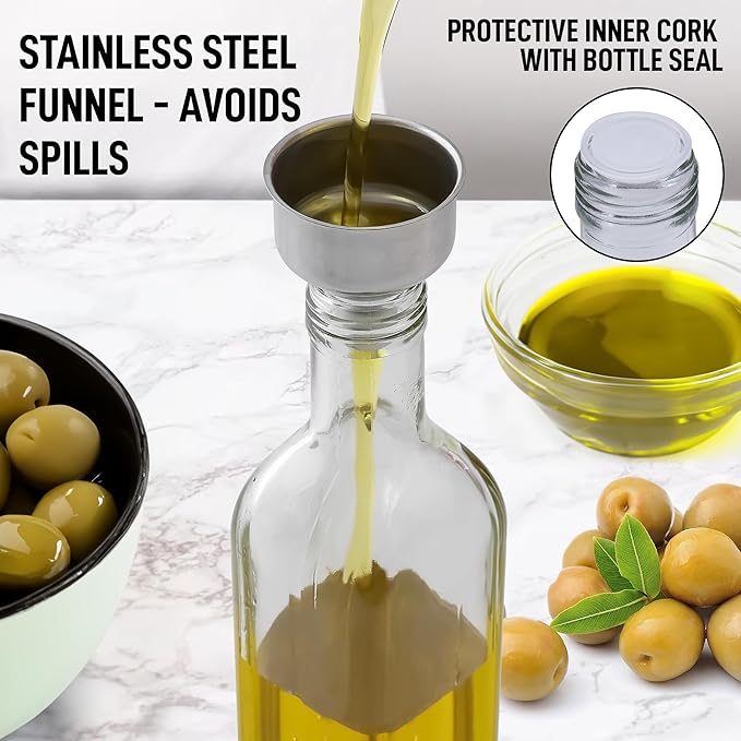 Zulay Kitchen 17oz Olive Oil Dispenser Bottle – Glass Oil Cruet with Spout, Funnel & Pourers, Easy-Pour Decanter for Kitchen Cooking and Serving (Clear)