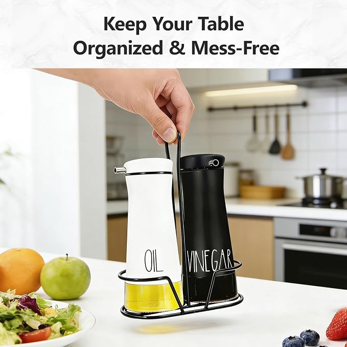 Aelga Oil And Vinegar Dispenser Set with Caddy - 2 Pack Oil Dispenser Bottles for Kitchen with No-Drip - Kitchen Decor and Accessories for Home Restaurants Weddings, Black & White