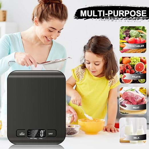 Food Scale, 11lb Kitchen Scale, 0.05oz/1g Weight Grams and Ounces, Black | 6 Conversion units,Automatic overload,Low battery warning modes,2*AAA Batteries,for Baking, Cooking,Dieting and Meal Prep