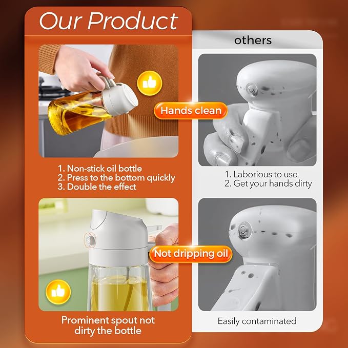 YARRAMATE 16 oz 2-in-1 Glass Olive Oil Sprayer for Cooking, Creamy White | Food-grade dispenser bottle, 470 ml, spray and pour, portion control, stickers included, for salad, frying and BBQ
