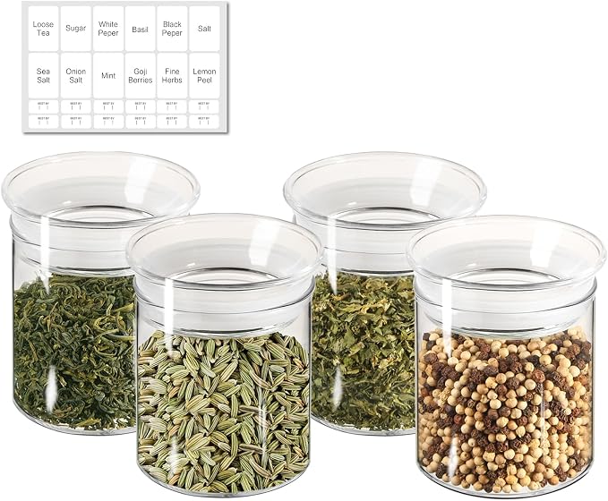 ZENS 10oz Glass Jars with Airtight Lid, 4 Pack Glass Kitchen Canisters Set for Spice, Loose Tea, Small Clear Glass Storage Jars with Labels for Herbs, Sugar | Borosilicate Clear Glass Canisters Set for Spice, Small Tea Jars for loose Tea with Labels fo...