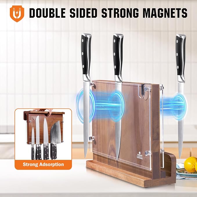 ENOKING Magnetic Knife Block 12.2 x 9.3", Double Sided Magnetic Knife Holde with Knife Sharpener, Acacia Wood Magnetic Knife Stand with Acrylic Shield for Kitchen Countertop