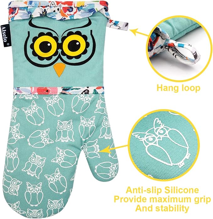 Alselo Oven Mitts, Heat Resistant with Soft Quilted Cotton Lining Set of 2, Fashion Animal Design with Silicone Printing Anti-Slip Kitchen Gloves for Safe Backing Cooking Barbecue (Green 2)