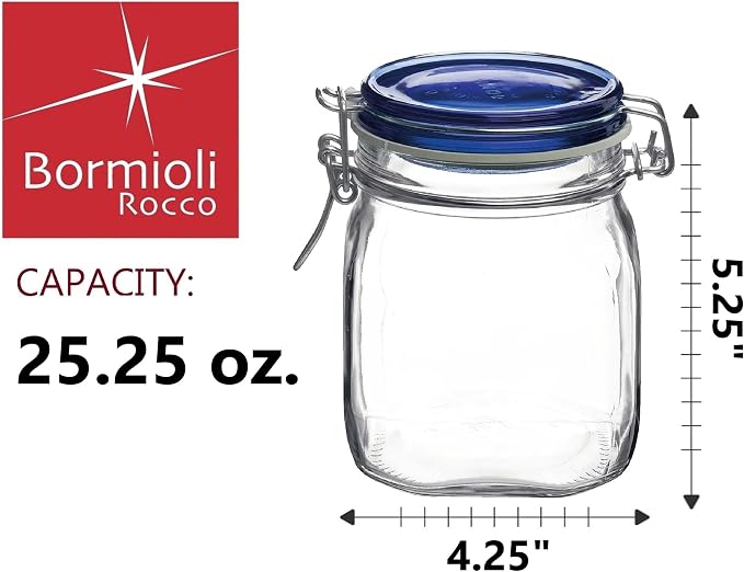 Bormioli Rocco Fido Glass Canning Jar, Airtight Storage Container with Blue Lid - 25.25 oz Clamp Lock Canister for Preserving Foods, Dry Goods & Pantry Organization - Italian Made Glass