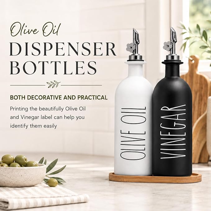 HOMCDALY 16oz Olive Oil Dispenser Bottles for Kitchen, Glass Oil Dispenser for Kitchen with Bamboo Tray, Oil&Vinegar Dispenser Set | Set of 2 (16oz-P-Black&White)