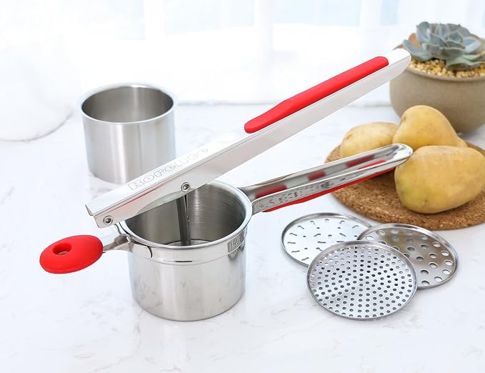 Rorence Stainless Steel Potato Ricer: 15 Oz Potato Masher with 3 Interchangeable Discs & Inner Cup & Silicone Grip Handles - Red