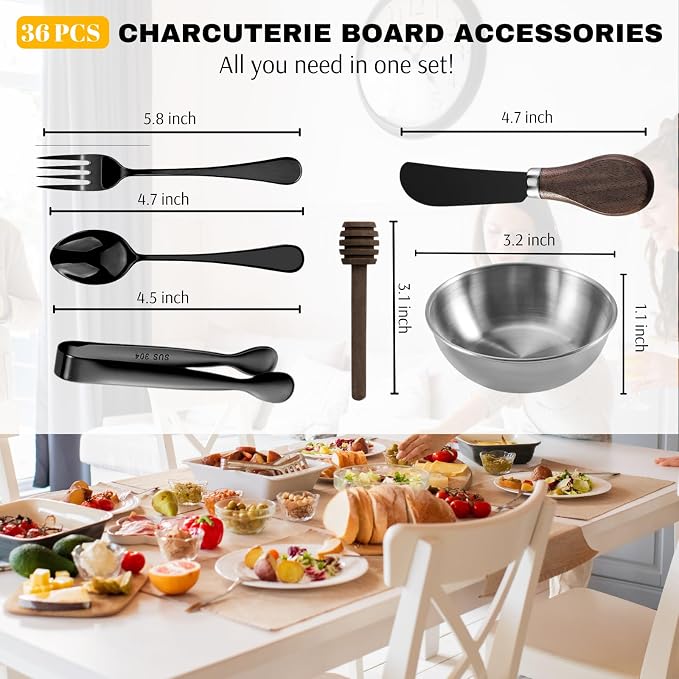 Charcuterie Board Accessories Set - 56PCS Charcuterie Utensils Kit, 6 Cheese Knife Set, Spoons & Forks, Stainless Bowls, Cheese Labels & Stands for Cheese Board & Grazing (Black Walnut)
