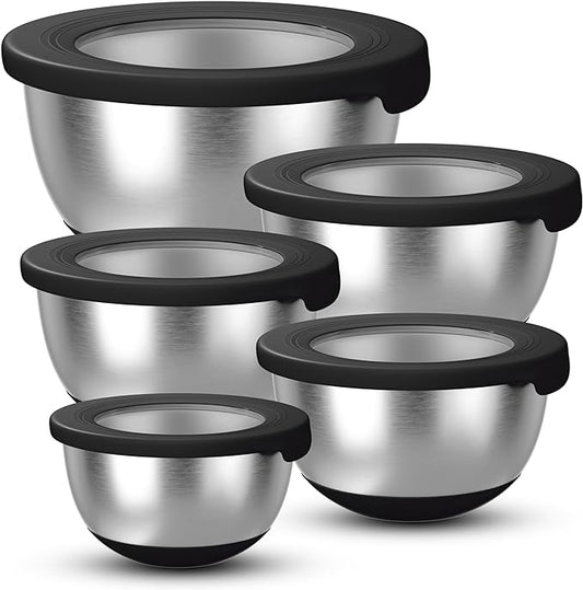 KITEISCAT Stainless Steel Mixing Bowls with Lids – Set of 5 Large Nesting Metal Bowls for Kitchen, Baking, Cooking, Food Prep & Storage, Non-Slip Base, Dishwasher Safe,Black