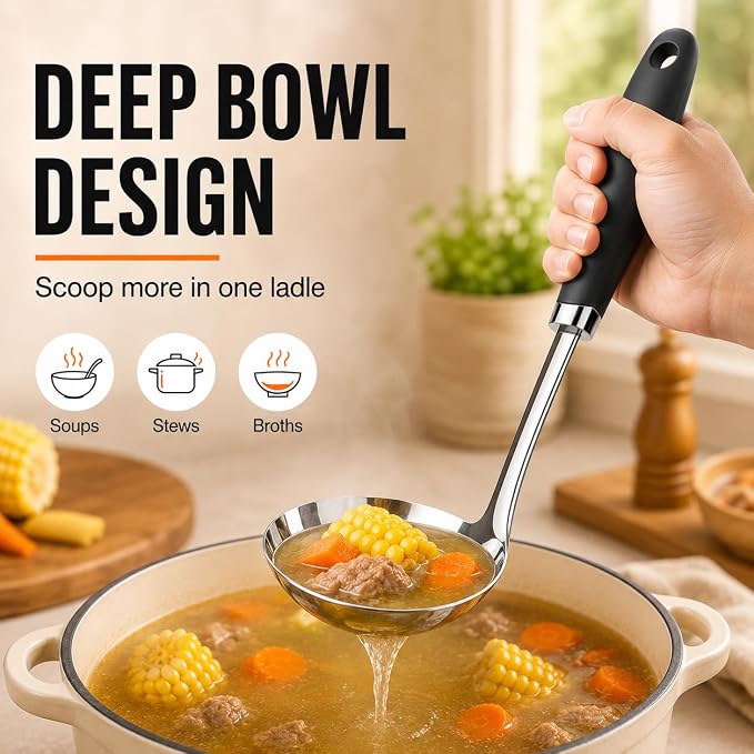 Stainless Steel Soup Ladle, 12 Inch Metal Ladle Spoon with Ergonomic Handle for Soup, Stew, Sauce, Chili, Gravy and Serving, Dishwasher Safe