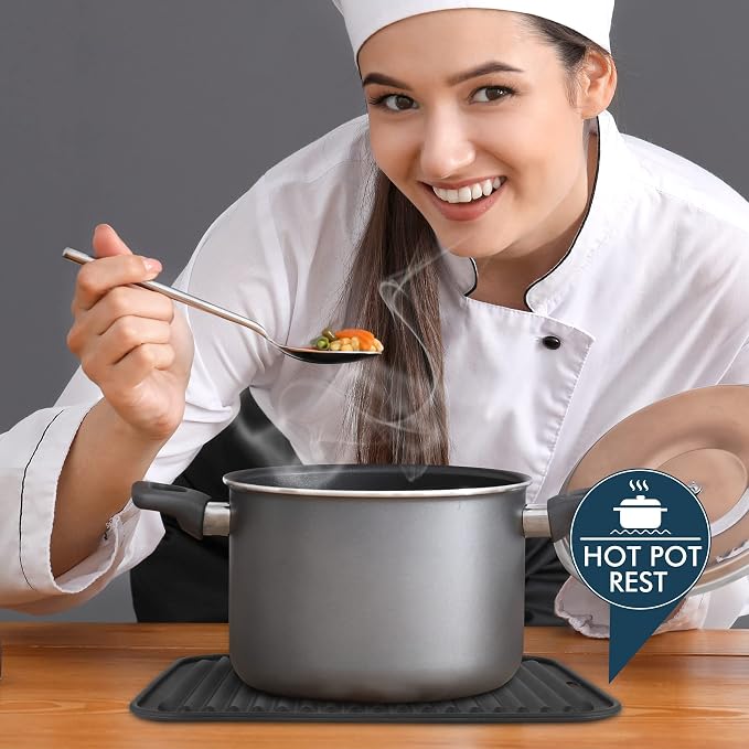 HOTEC 446℉ Heat Resistant BPA Free Silicone Trivets for Hot pots and Pans, for Kitchen Counter Dish Drying Mat, Set of 2 Dark Grey