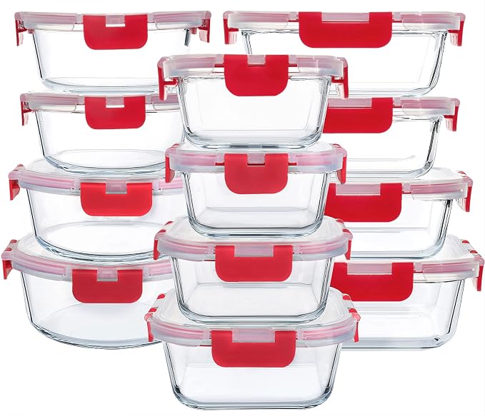M MCIRCO 24 Piece Glass Food Storage Containers with Lids, Red | Glass Meal Prep Containers,Airtight Lunch Containers with Lids, Microwave, Oven, Freezer and Dishwasher Friendly, BPA Free