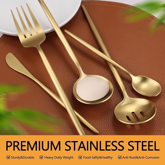 Gold Stainless Steel Serving Utensils Set, 5 Pcs - 10.8 Inch Serving Fork, 10.3 Inch Slotted Spoon, Sugar Spoon, Butter Knife for Buffet