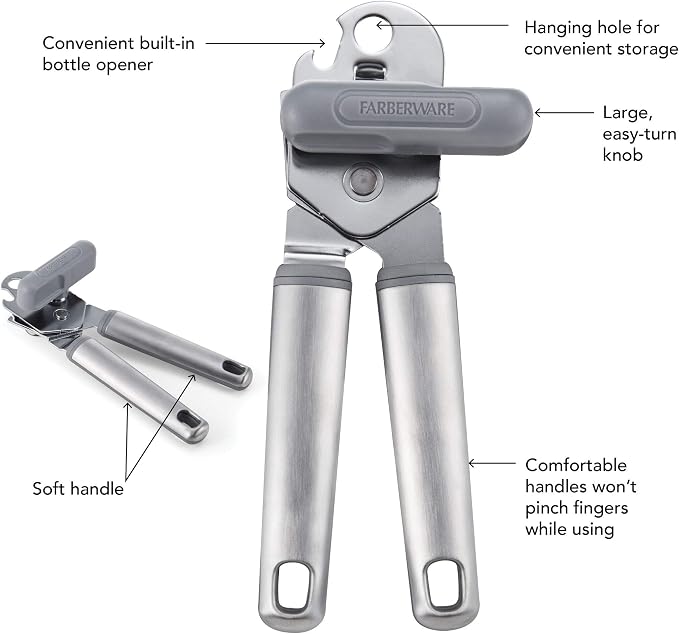 Farberware Pro Stainless Steel Manual Can Opener with Soft Ergonomic Handles and Integrated Bottle Opener, Dishwasher Safe, Contemporary Gray, 7.25 Inches