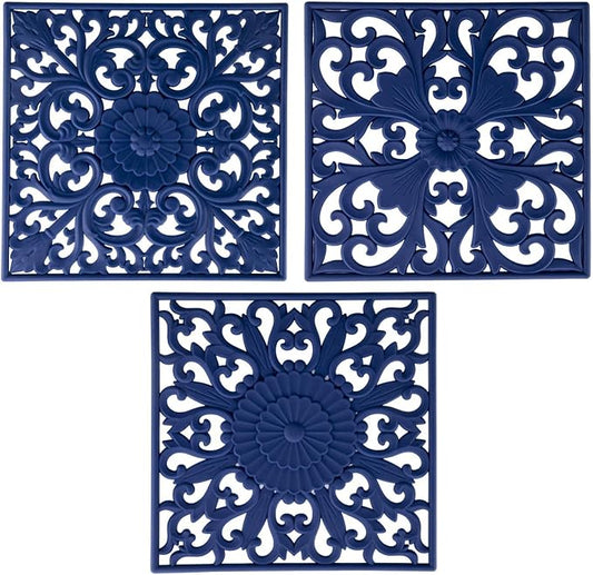 Silicone Trivets Mats for Hot Pots and Pans, Square Non Slip Mat for Table Multi-Use Carved Hot Pads and Mats, Flexible Modern Pad Heat Resistant Big Teapot Coaster Set of 3 Blue