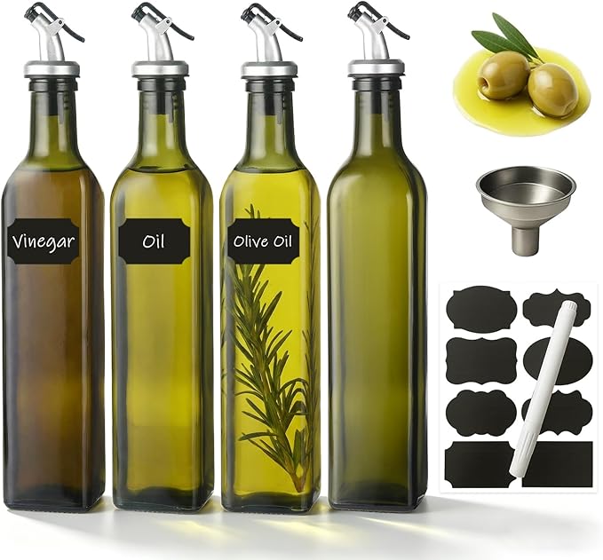 WERTIOO Green Oil Dispenser for Kitchen 4Pack, 17oz Olive Oil Dispenser Set | 500ml Oil and Vinegar Dispenser Set, Olive Oil Bottles for Kitchen, Glass Bottles for Vinegar, with Pourer, Funnel and Label