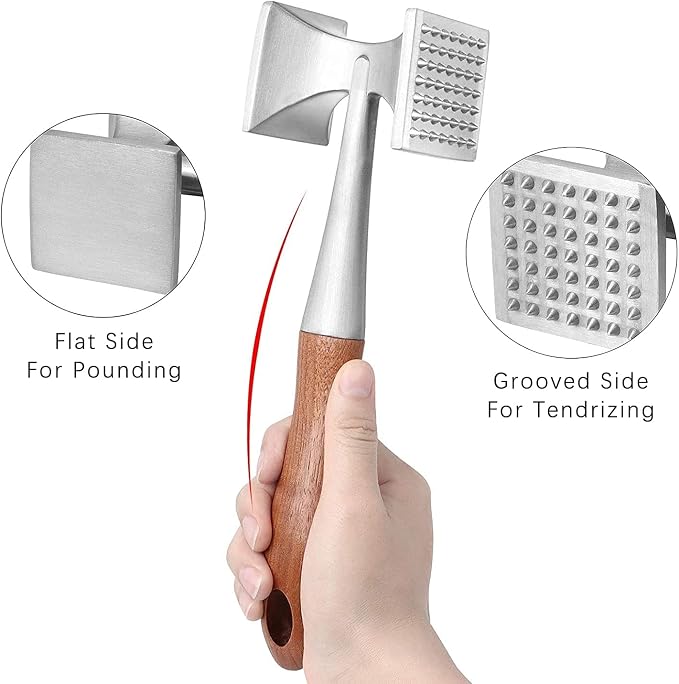 Meat Tenderizer Hammer Dual-Sided Meat Pounder Tool with Wooden Handle for Steak, Beef Poultry Mallet for Kitchen