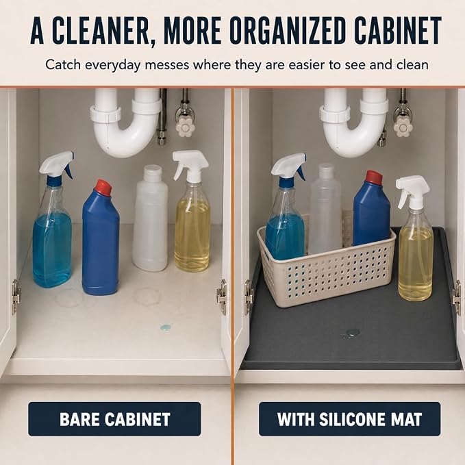 25” x 19” Silicone Under Sink Mat for Bathroom/Kitchen Cabinet Organizer Mat | Leak-Proof Waterproof Liner Pad & Anti-Spill Tray | 0.7in Edge Barrier, 3.5Gal Capacity
