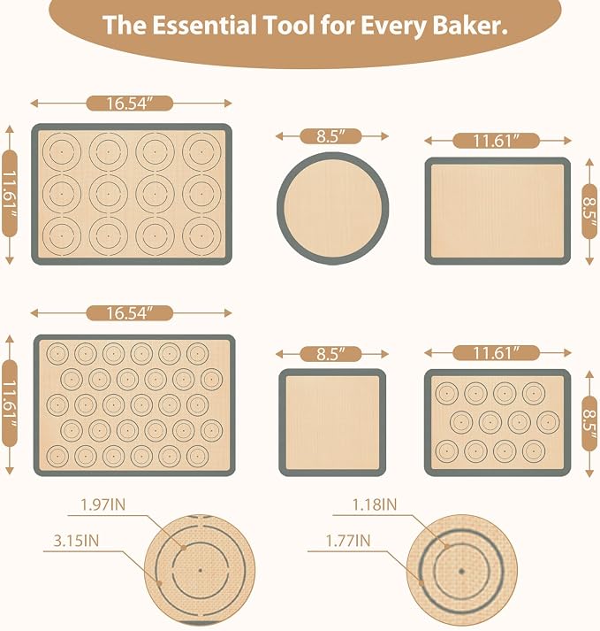 Silicone Baking Mat Set of 6, Oven Baking Sheets | Non Stick, Food-grade, Heat-Resistant, Reusable Baking Supplies for Macaron, Cookie, Pizza, Bread and Pastry