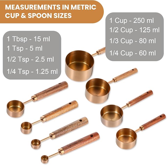 8-Piece Stainless Steel Measuring Cups and Spoons Set - Rose Gold Baking Measuring Cups and Spoons Set with Wooden Handles for Cooking & Baking (US & Metric Measurements)