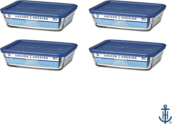 Anchor Hocking SnugFitTM Rectangular Food Storage Containers with Lids (4-Piece, 6-cup, Navy Blue, oven-safe)