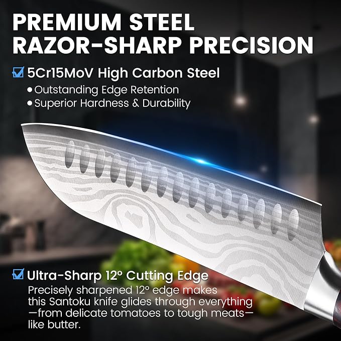 DiiHAUZZ Santoku Knife 7 Inch, Japanese Chef Knife with Ultra Sharp Hollow Edge, High Carbon Steel Forged Professional Kitchen Knives with Ergonomic Pakkawood Handle and Sheath, Gift Box