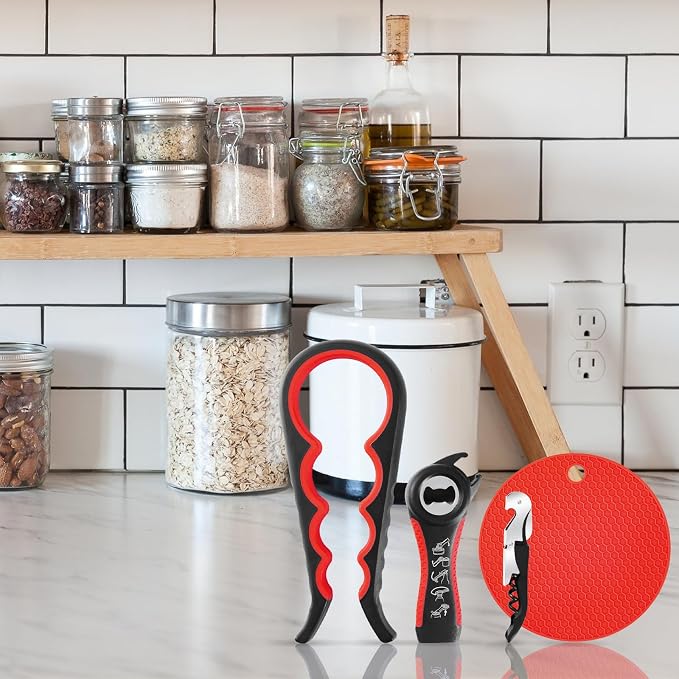 Bloss Jar Opener Can Opener Kitchen Grippers, Multi-use Lid Opener Set | Anti-skid Jar Openers for Weak hands, Seniors with Arthritis, Includes Non-slip Rubber Gripper Pad & Wine Opener, Black Red