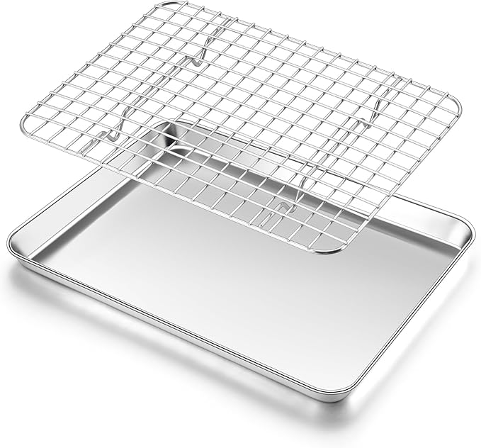 Homikit Cookie Sheet with Rack Set (1 Sheet Pan+1 Cooling Rack),10 x 8 Inch | Stainless Steel Small Baking Sheet with Wire Rack for Baking Roasting, Toaster Oven Pan Bacon Tray, Non-Toxic & Heavy Duty