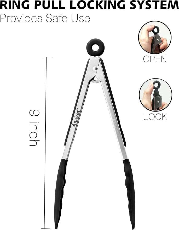 Anaeat Non-Stick Silicone Locking Tong - Stainless Steel 9" Kitchen Food Tongs with Non-Slip Silicone Tips and Grip for Cooking, Baking and BBQ - Heat Resistant up to 480°F (Black)