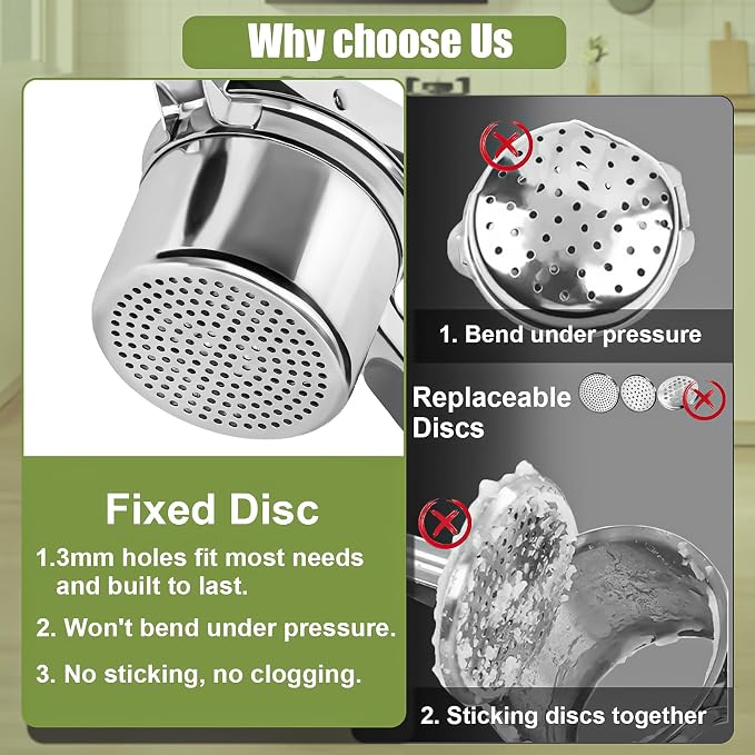 Large 15 oz Ricer for Mashed Potatoes, Stainless Steel Fixed Disc Potato Ricer for Mashed Potatoes, Easy to Clean and Dishwasher Safe