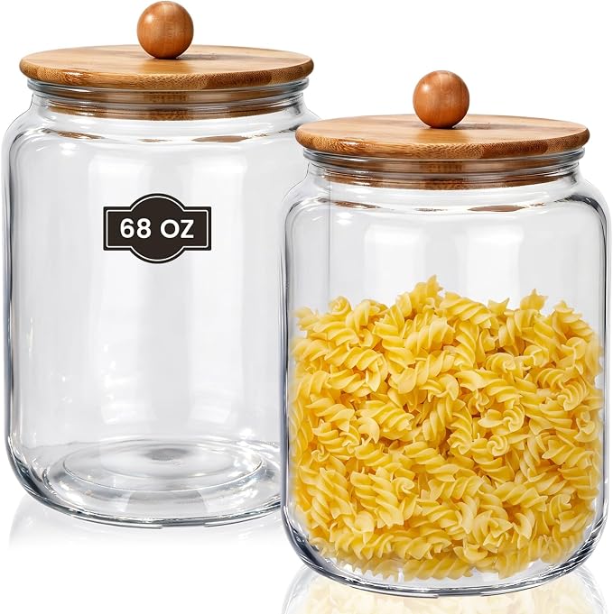 2 Pack 68 oz Glass Storage Jars with Airtight Knob Bamboo Lid Thick Food Canister with Seal Clear Food Storage Container for Kitchen Flour Sugar Cookies Coffee Bean Pantry Organization