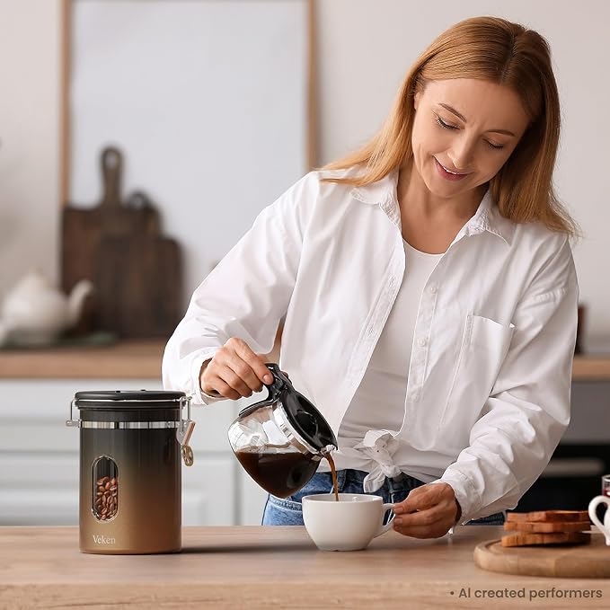 Veken Coffee Canister with Window, Airtight Stainless Steel Container, 22OZ | Kitchen Food Storage Pantry Organizers for Beans,Ground,Espresso,Rice,Tea,Sugar,Bar Accessories,Gifts,Lids,Jars, Scoop,Copper