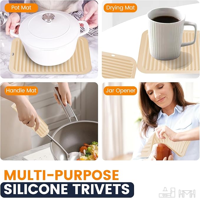 Silicone Trivet Mats 2 Heat Resistant Pot Holders Multipurpose Non-Slip Hot Pads for Kitchen Potholders, Drying mat, Jar Opener, Spoon Holder, Coaster(Crescent Moon)