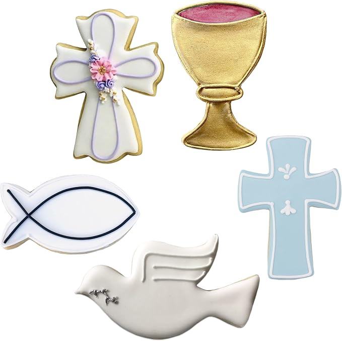 Communion Baptism Confirmation Easter Cookie Cutters 5-Pc. Set Made in the USA by Ann Clark, Chalice, Jesus Fish, Holy Cross, Dove, Fancy Cross
