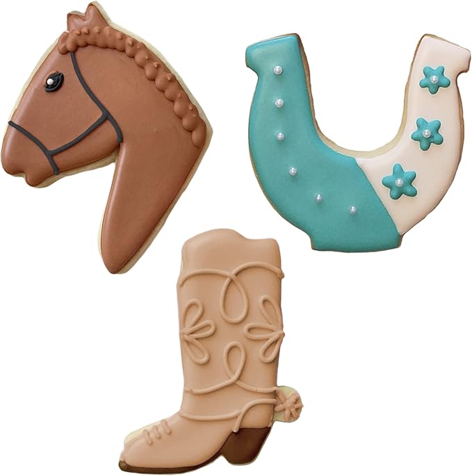 Ann Clark Western/Horse Cowboy Cookie Cutters 3-Pc. Set (Horse Head, Cowboy Boot, and Horseshoe) Made in USA