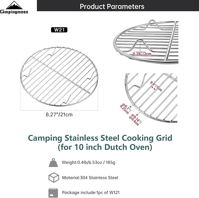 Campingmoon Stainless Steel Round Cooling Rack Baking Steaming Roasting Rack,Cooking Grid Grill for10 inch Dutch Oven