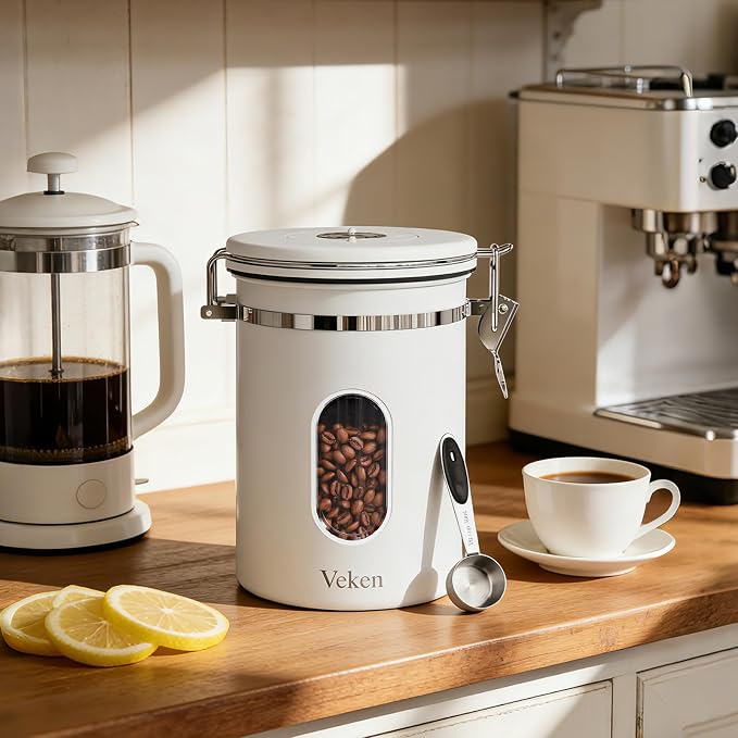 Veken Coffee Canister with Window, Airtight Stainless Steel Container, 22OZ | Kitchen Food Storage Organizers for Beans, Ground, Espresso, Rice,Tea, Sugar,Cereal, Gifts,Lids,Jars,Scoop,White