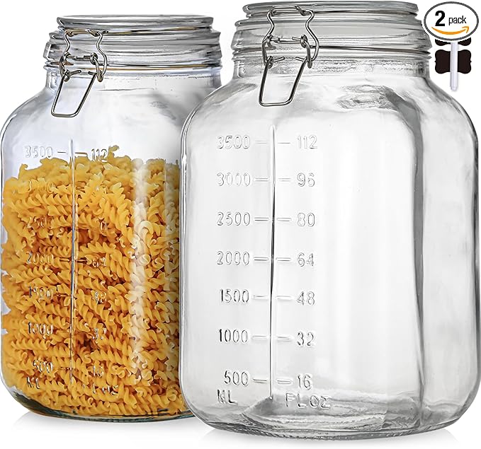 1.1 Gallon Large Glass Food Storage Jars with Airtight Lids,Set of 2 Square Wide Mouth Airtight Glass Storage Container,135oz Kitchen Mason Jar with Measurement Mark,for Flour Sugar Canning.