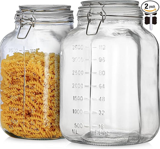 1.1 Gallon Large Glass Food Storage Jars with Airtight Lids,Set of 2 Square Wide Mouth Airtight Glass Storage Container,135oz Kitchen Mason Jar with Measurement Mark,for Flour Sugar Canning.