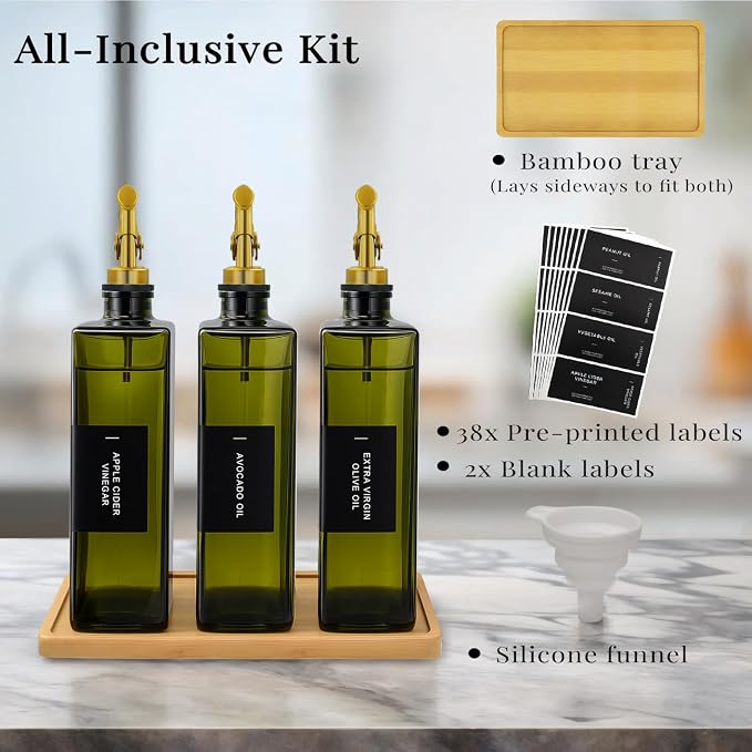 Olive Oil Dispenser Bottle for Kitchen with Bamboo Tray- Glass Oil and Vinegar Dispenser Set 16.9oz, Soy Sauce & Syrup Bottle, Modern Hostess Gift (Green, 16.9oz, Set of 3)