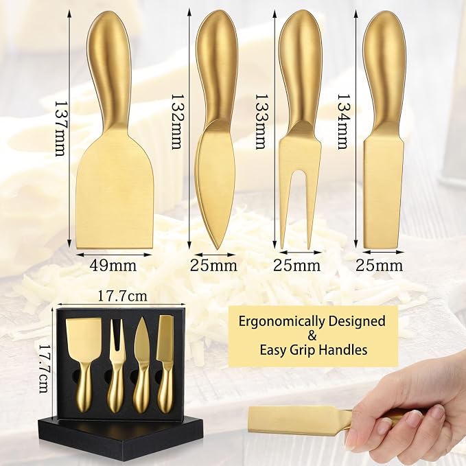 Funnymoom 4 Pcs Gold Cheese Knives Set Stainless Steel Cheese Tools with Slicer and Cutters for Kitchen Board Knife Set for Kitchen Summer Christmas Accessories Housewarming Gift
