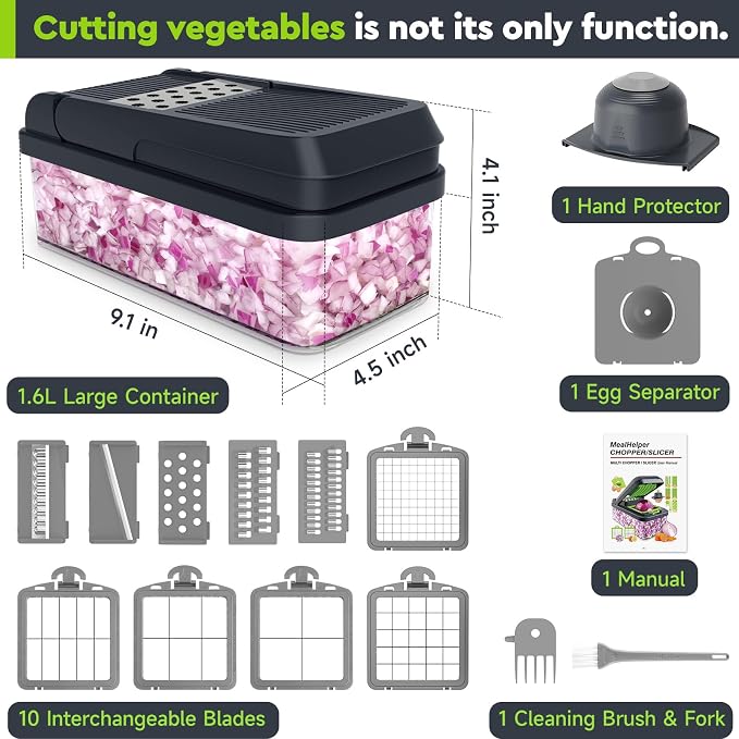 MealHelper 15-in-1 Vegetable Chopper, 10 Blade Veggie Chopper, Practical Food Chopper with Container, Cheese Grater, Home Essentials & Kitchen Gadgets(Grey)