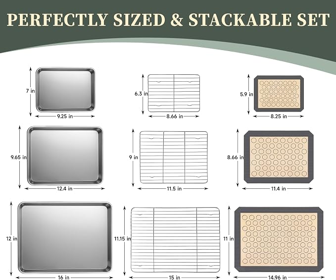 Stainless Steel Baking Sheet Tray Cooling Rack with Silicone Baking Mat Set, 9/12/16 Inch Cookie Sheet Baking Pan with Wire Rack Set, Set of 9 (3 Sheets + 3 Racks + 3 Mats), Heavy Duty & Rust Proof