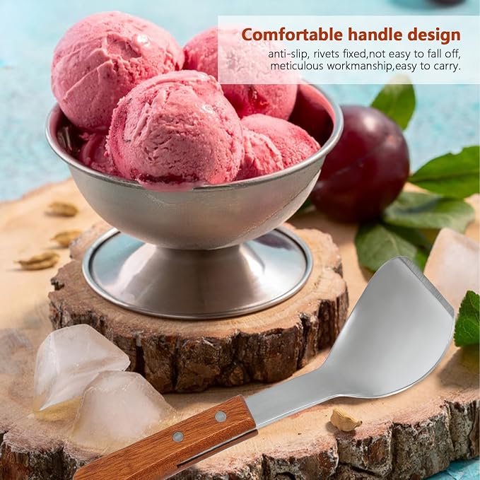 2 Pieces Ice Cream Scoop with Wooden Handle, Stainless Steel Dessert Spade & Butter Cutter, Essential Kitchen Tool – Perfect Flat Ice Cream Metal Spade for Home and Commercial Use