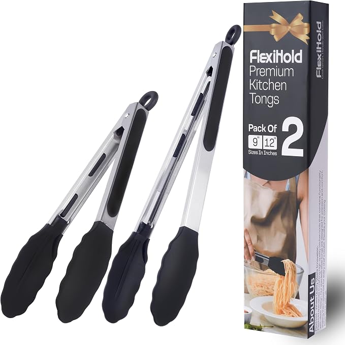 Kitchen Tongs with Silicone Tips, Set of 2 (9" & 12") Stainless Steel Tongs with Non-Slip Grip, Ideal for Cooking, Grilling, Serving, and Barbecue (BBQ), Non-Stick and Dishwasher Safe, Black