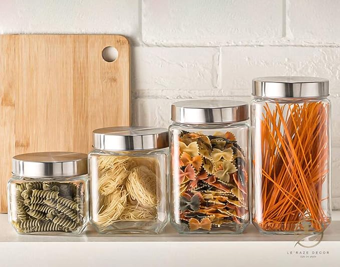 4pc Square Glass Cookie Jars with Airtight Lids + Marker & Labels, Canister Sets for Kitchen Counter or Bathroom - Food Storage Containers with Lids for Pantry - Flour, Sugar, Coffee, Cookies, etc.