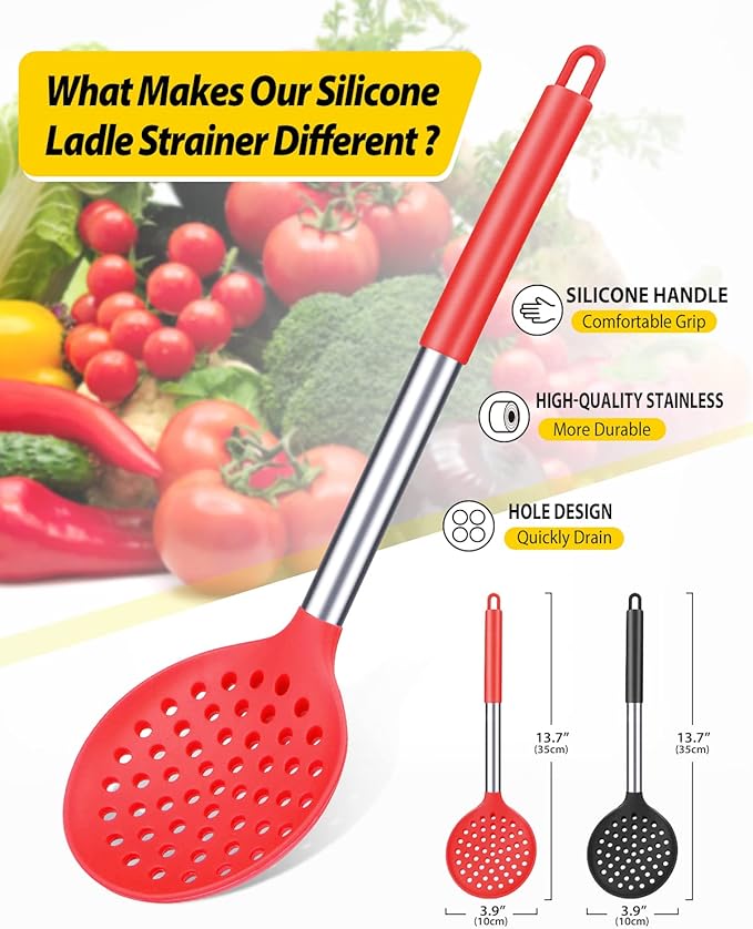Silicone Kitchen Ladle Strainer, Black-Red, 2 Pack | Slotted Spoon, High Heat Resistant, BPA Free, Non Stick, Ideal for Draining and Frying