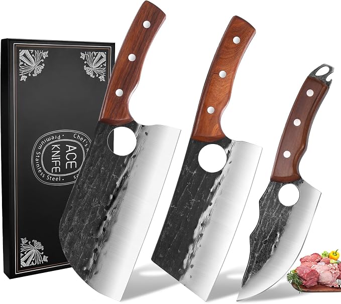 3 PCS Hand Forged Chef Knife Set, Meat Cleaver & Boning Knife | Includes Meat Cleaver & Viking Boning Knife, Ideal for Meat Cutting, Kitchen, BBQ & Camping