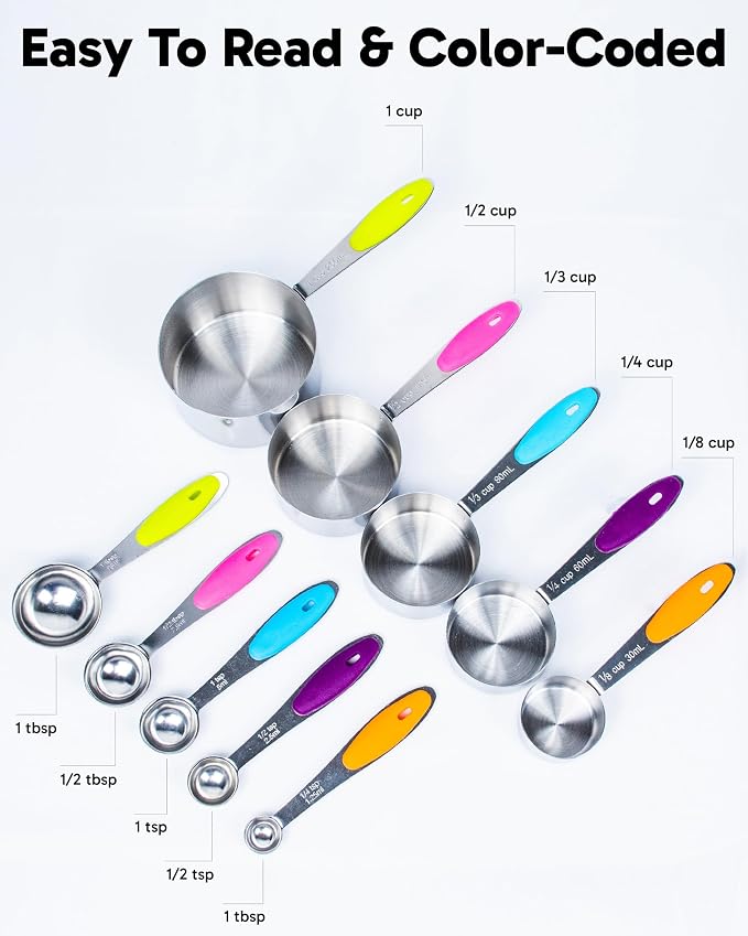 Dusico® Measuring Cups and Spoons Set of 10 - Stainless Steel Metal Measuring Cups Set for Cooking and Baking, Heavy Duty Stackable Measuring Set with Colorful Silicone Handles, Dishwasher Safe